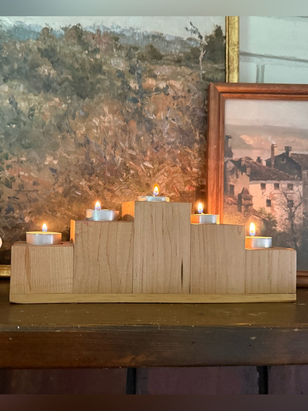 Wooden Stair-Step Tea Light Candle Holder in Natural Wood